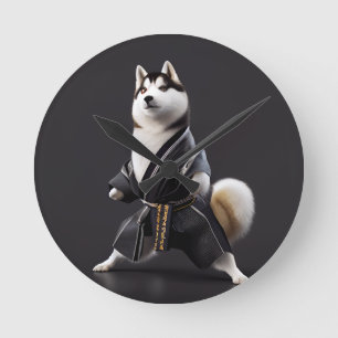 Husky Dog kennt Karate, Husky Dog Karate Player Runde Wanduhr