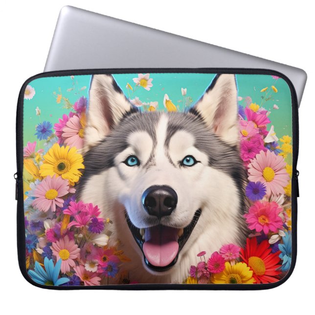 Husky Dog Laptop-Tasche mit Blumendesign Laptopschutzhülle (Vorderseite)