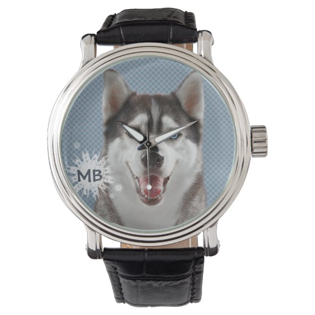 Husky Dog Monogramm Foto Armbanduhr (Vorderseite)