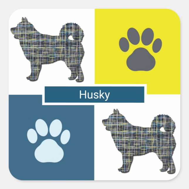 Husky Dog & Paw Y&B Grid Square Sticker (Vorderseite)
