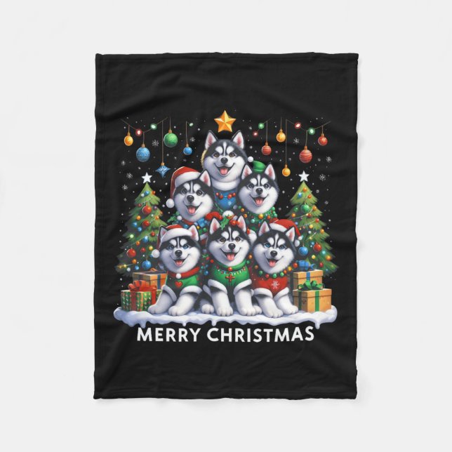 Husky Dog Weihnachtsbaum Frohe Weihnachtsanpassung Fleecedecke (Vorderseite)