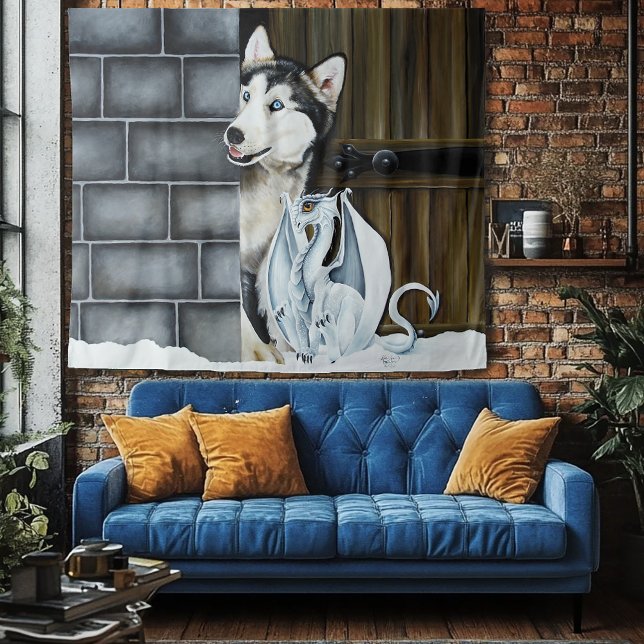 Husky Dog White Dragon Adventure Wandteppich (Von Creator hochgeladen)