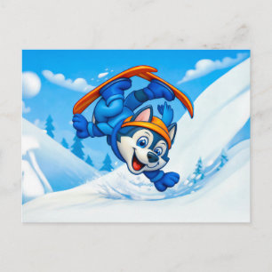 Husky dreht sich auf Skiern an einem schneebedeckt Postkarte