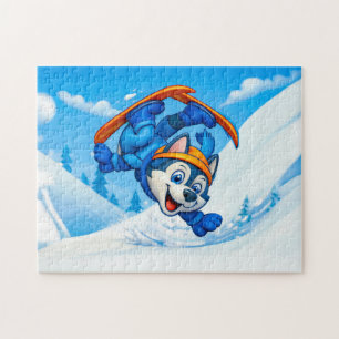 Husky dreht sich auf Skiern an einem schneebedeckt Puzzle