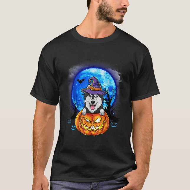 Husky Hexenhut Pumpkin Beängstigende Halloween Hun T-Shirt (Vorderseite)