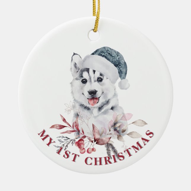 Husky Hund 1. niedlicher Weihnachtshund Welpe Wint Keramik Ornament (Vorne)