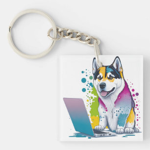 Husky-Hund-Computer-Regenbogen-Wasserfarbe-Technik Schlüsselanhänger