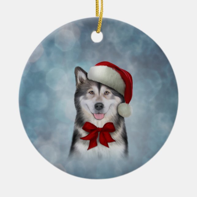 Husky-Hund in rotem Hut des Weihnachtsmanns Keramik Ornament (Vorne)