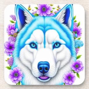 Husky Hund mit blauen Augen und Blume Getränkeuntersetzer