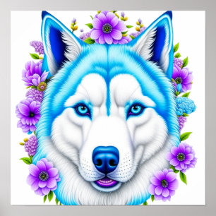 Husky Hund mit blauen Augen und Blume Poster