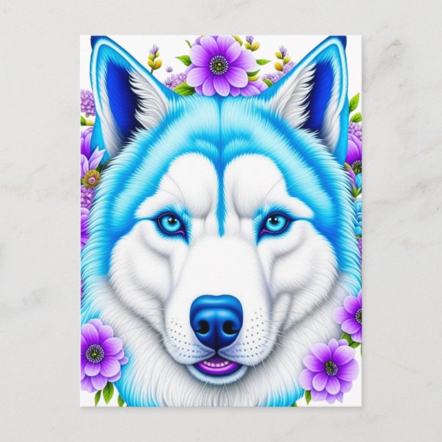 Husky Hund mit blauen Augen und Blume Postkarte (Vorderseite)