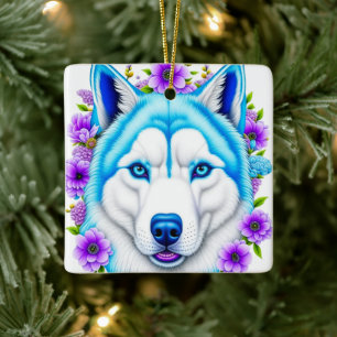 Husky Hund mit blauen Augen und Blume Weihnachten Keramikornament