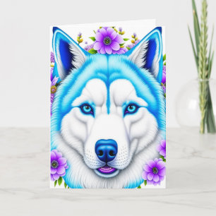 Husky Hund mit blauen Augen und Blume zum Geburtst Karte