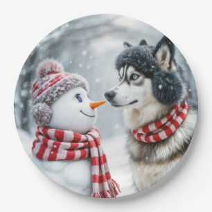 Husky Hund mit Snowman Pappteller