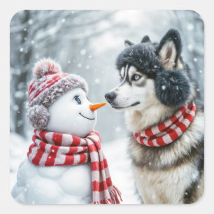 Husky Hund mit Snowman Quadratischer Aufkleber