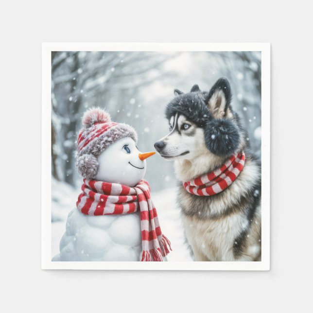 Husky Hund mit Snowman Serviette (Vorderseite)