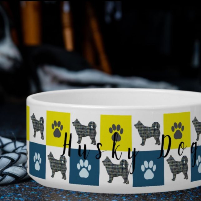 Husky Hund & Paw Gelb & Blau Niedlich Hundeschüsse Napf (Husky Personalised Dog Bowl)