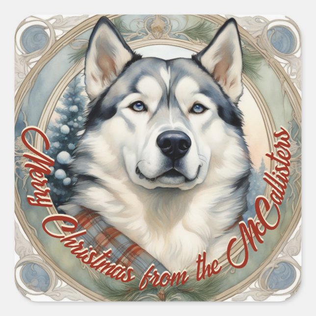 Husky Hund Personalisierte Weihnachtskarten Sticke Quadratischer Aufkleber (Vorderseite)
