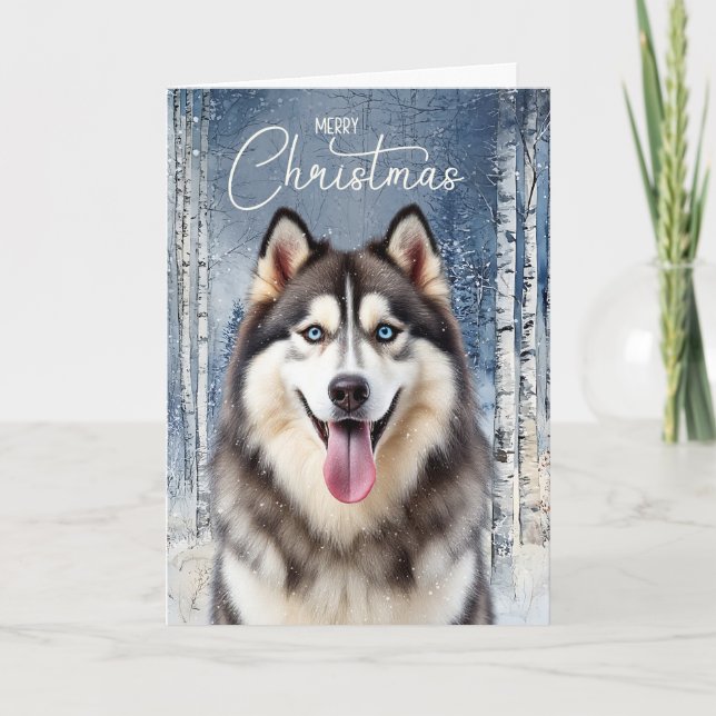 Husky-Hund Schneeiger Winterwald Weihnachten (Vorderseite)