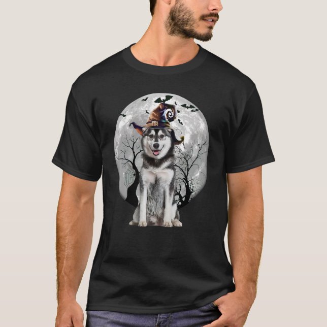 Husky Hund und Mond Halloween Kostümhund T-Shirt (Vorderseite)