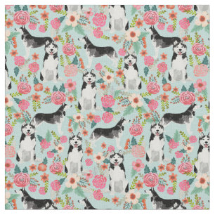 Husky Hund Vintag Blumen hellblau Stoff