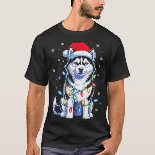 Husky-Hund-Weihnachtslichter-Santa-Hut-Familie-Wei T-Shirt