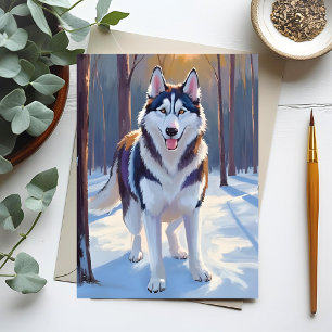 Husky Hund Winter Aquarell Haustiermalerei Postkarte