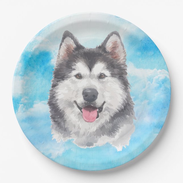 Husky-Hundehaustier-Aquarell Pappteller (Vorderseite)