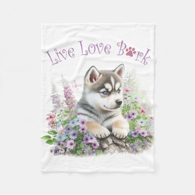 Husky-Hundemama-Blumen Fleecedecke (Vorderseite)