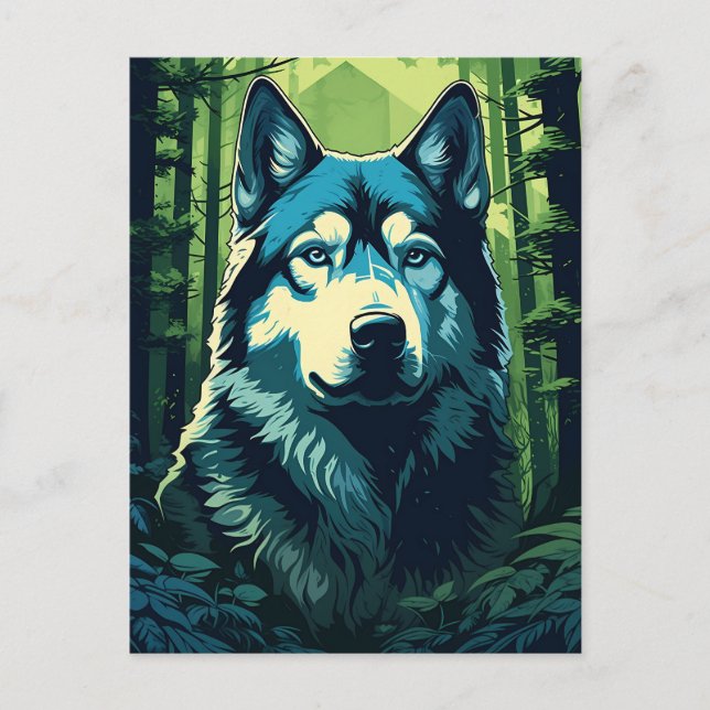 Husky im grünen Wald Postkarte (Vorderseite)