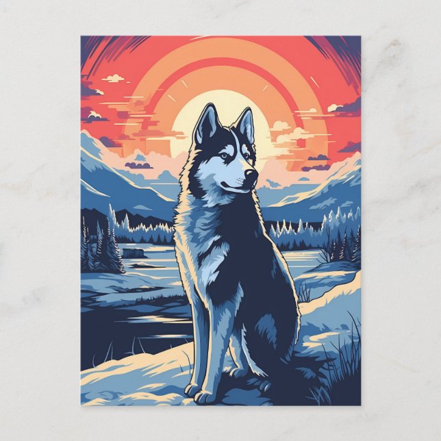 Husky im Winterwald bei Sonnenuntergang Postkarte (Vorderseite)