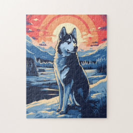 Husky im Winterwald bei Sonnenuntergang Puzzle
