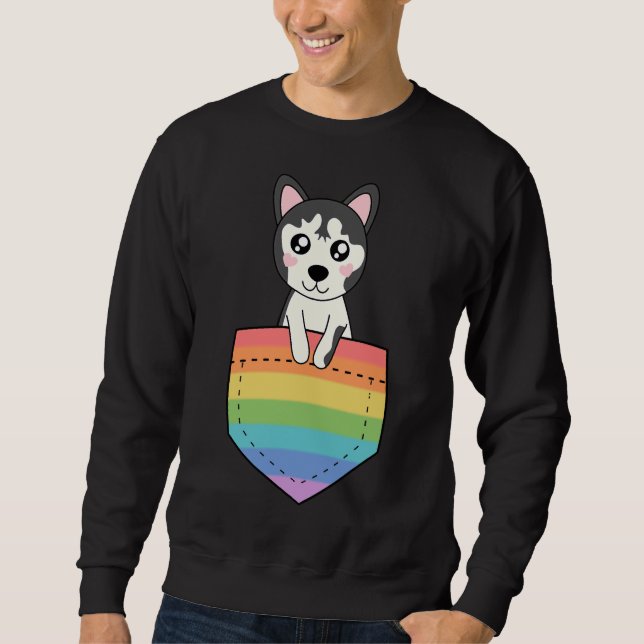 Husky in Pocket Rainbow Sweatshirt (Vorderseite)