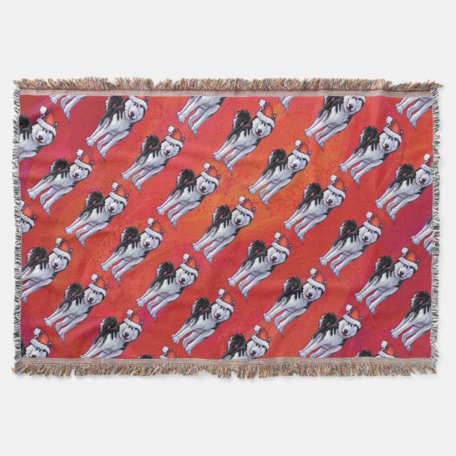 Husky in Weihnachtsmannmütze auf Rot Decke (Vorderseite)