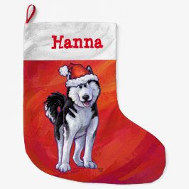 Husky in Weihnachtsmannmütze auf Rot Großer Weihnachtsstrumpf