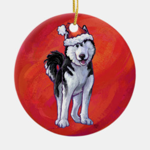 Husky in Weihnachtsmannmütze auf Rot Keramik Ornament