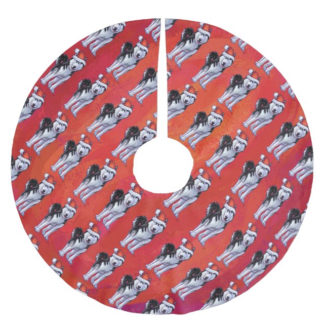Husky in Weihnachtsmannmütze auf Rot Polyester Weihnachtsbaumdecke (Vorderseite)