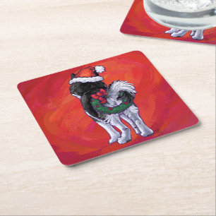 Husky in Weihnachtsmannmütze auf Rot Rechteckiger Pappuntersetzer