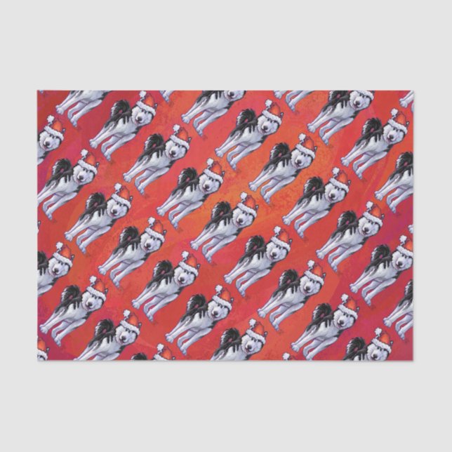 Husky in Weihnachtsmannmütze auf Rot Seidenpapier (Vorderseite)