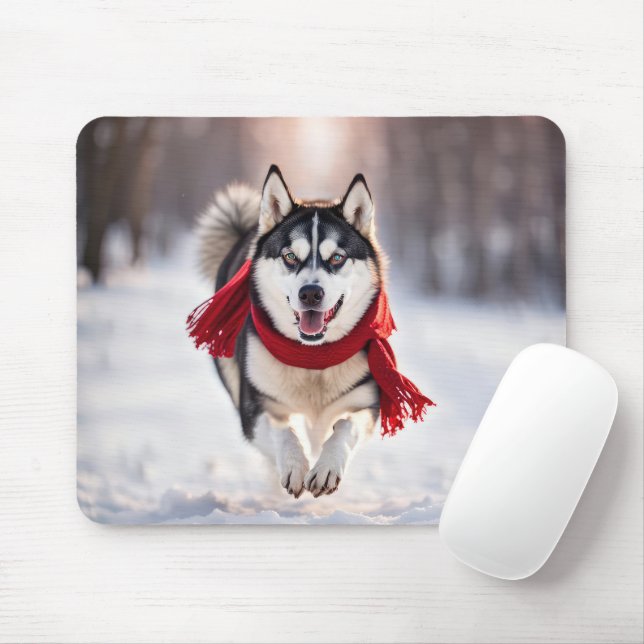 Husky läuft mit rotem Skarf Mousepad (Mit Mouse)