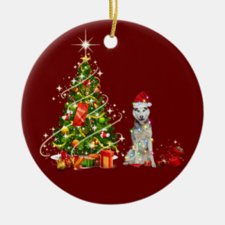 Husky mit Hat Scaft Weihnachten Keramik Ornament