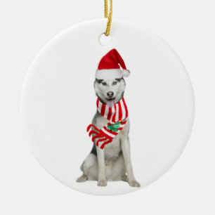 Husky mit Hutschuh Weihnachten Keramik Ornament