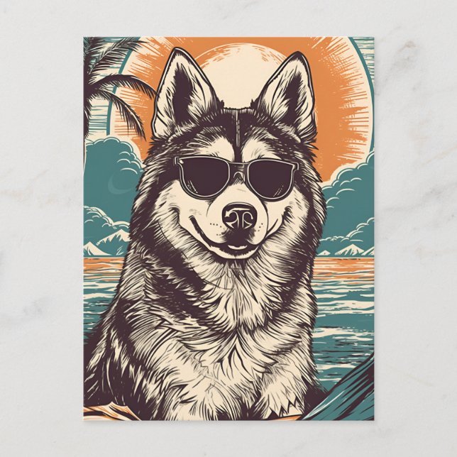 Husky mit Sonnenbrille am Strand Postkarte (Vorderseite)
