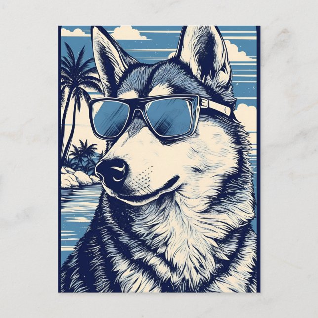 Husky mit Sonnenbrille am Strand Postkarte (Vorderseite)