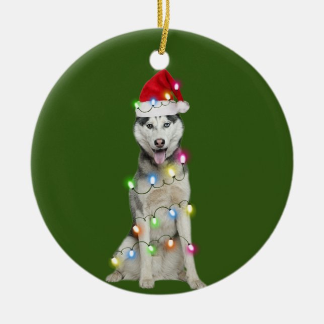 Husky mit Weihnachtscreme Weihnachtsmannmütze Gesc Keramik Ornament (Vorne)