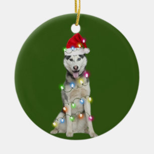 Husky mit Weihnachtsgeschirr Weihnachtsmannmütze  Keramik Ornament