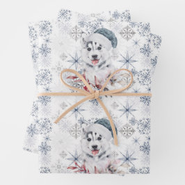 Husky Niedlich Blue Weihnachtsmannmütze Snowflakes Geschenkpapier Set
