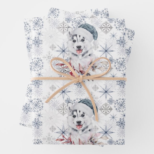 Husky Niedlich Blue Weihnachtsmannmütze Snowflakes Geschenkpapier Set (Beispiel)