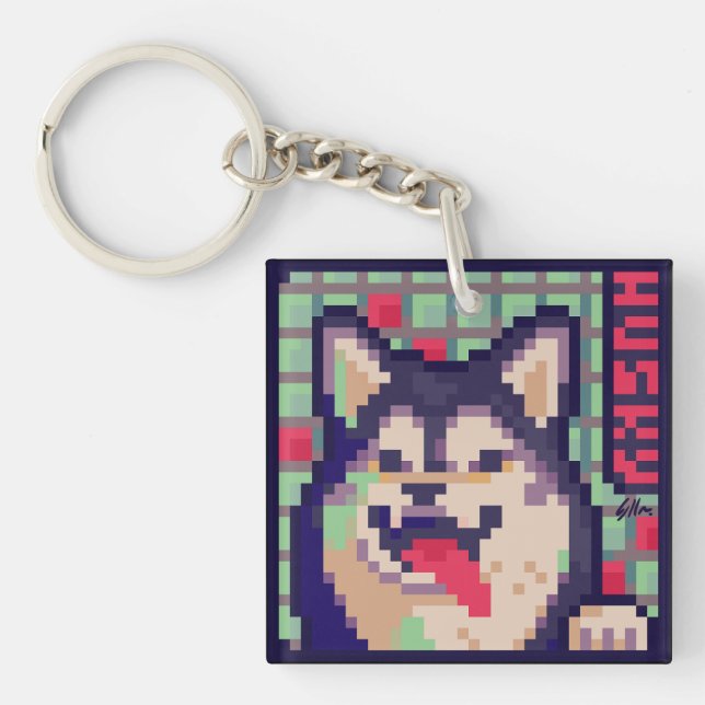 Husky, Pixel Art, pixelart Schlüsselanhänger (Vorderseite)