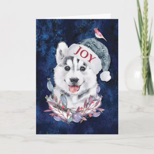 Husky Puppy Hat Bird Christmas Joy Karte